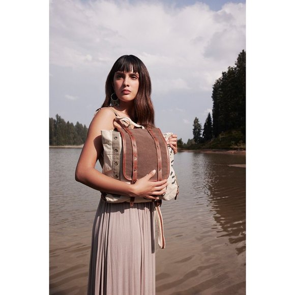 Myra Bag Handmade Army Backpack Upcycled Canvas & Cowhide Leather - Picture 10 of 10